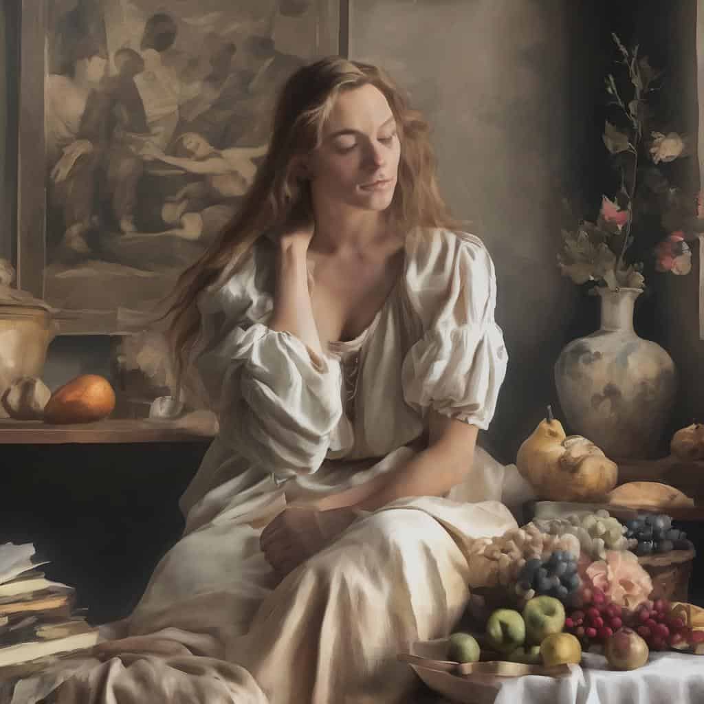 Παράσταση νεαρής γυναίκας σε καμβά με φρούτα και λουλούδια, δημιουργώντας τέχνη ως μέσο έκφρασης.