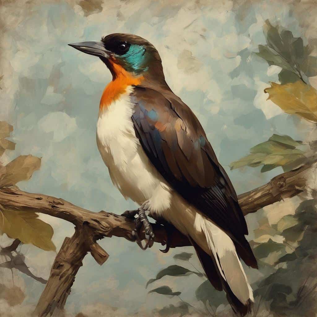 Πανέμορφος πετεινός σε κλάδι με φύλλα, ζωγραφική τέχνης, προσωπική και κοινωνική έκφραση.