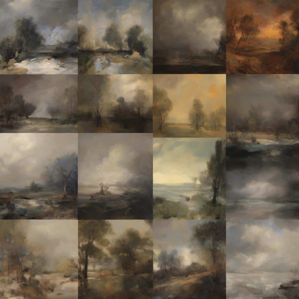 Καμβάς με τοπίο με ατμόσφαιρα και φύση, εκφράζει την προσωπική και κοινωνική τέχνη μέσω σουρεαλιστικών τοπίων.