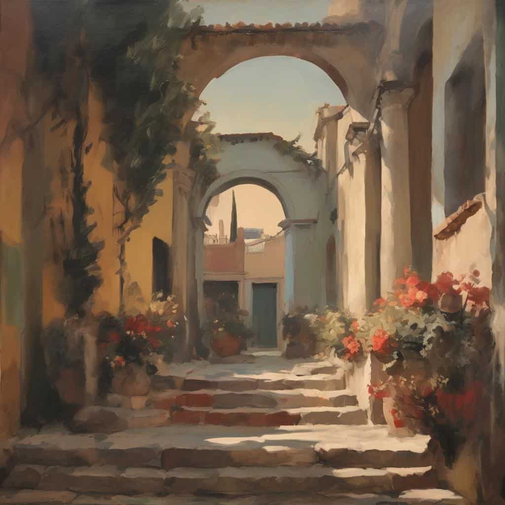 Ιστορικό τοπίο με αρχαία εκκλησία, πέτρινα σκαλοπάτια, φυτά και λουλούδια, ζεστά χρώματα και ήρεμη ατμόσφαιρα.