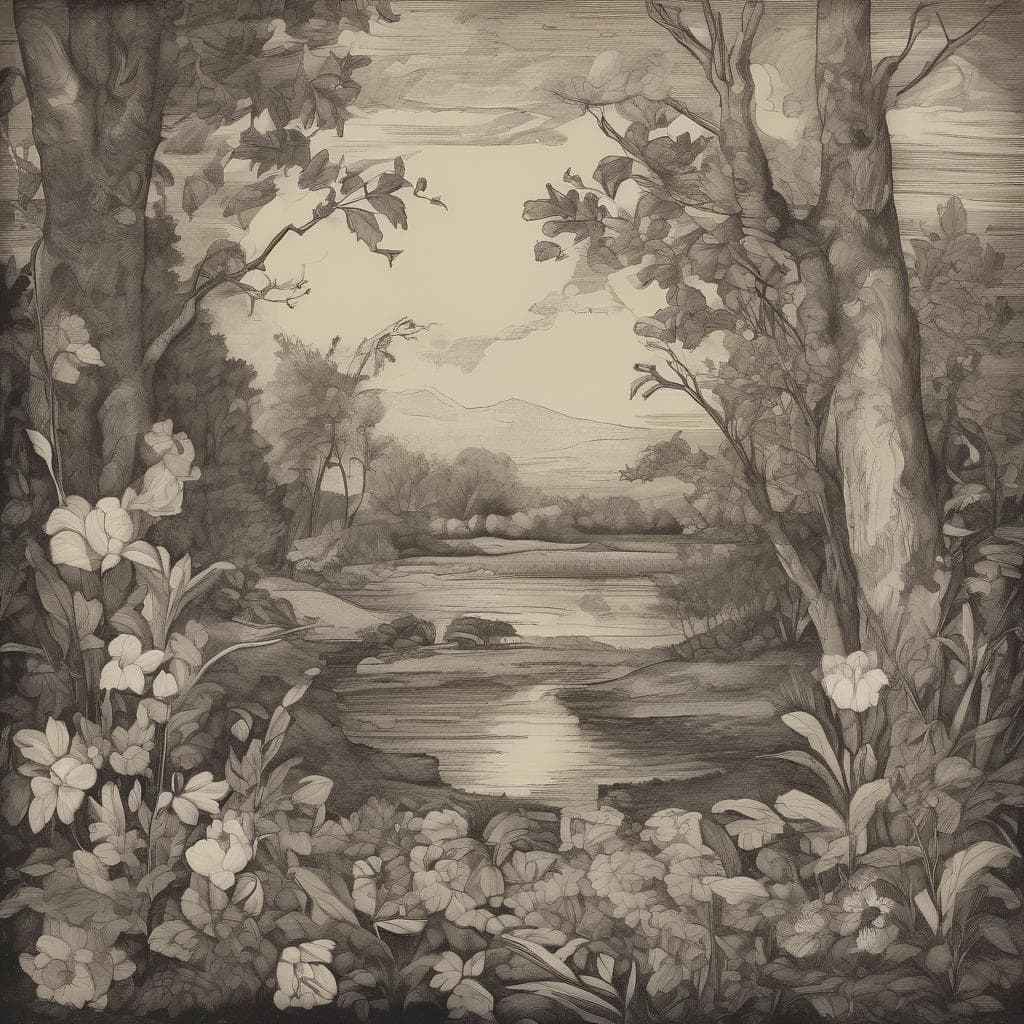 ηρεαστικό τοπίο με δέντρα και ποτάμι σε ζωγραφική σε στιλ μπεζ τόνων.